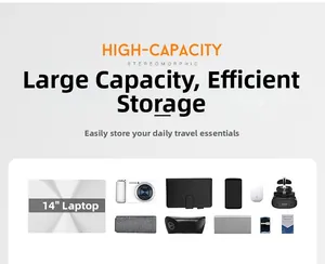 Detailed view of internal storage space for 14 inch laptop and electronic accessories