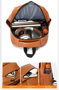 Detail of PU leather travel backpack featuring dual front zipper pockets and side pockets