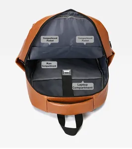 Interior view of brown PU leather backpack with padded laptop sleeve and organized pockets