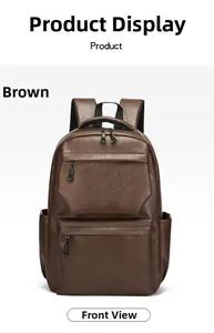 Front view of a dark brown leather travel backpack showing textured finish and pockets