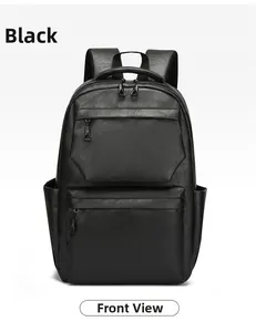 Front view detail of a black faux leather travel backpack with dual zippers and side pockets