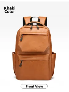 Detail of khaki PU leather backpack with lychee texture and dual front zipper pockets