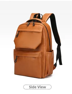 Detailed side view of brown PU leather backpack showing zip pockets and mesh straps