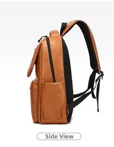 Side view of brown PU leather travel backpack featuring breathable mesh back padding