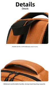Close-up of flexible wide PU leather handle and durable reinforced straps on brown backpack
