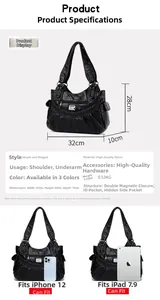 Detailed view of black pebbled leather bag dimensions and storage capacity comparison
