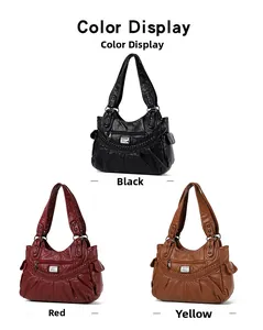 Detailed color selection showing soft pebble leather bags in black, wine red, and yellow