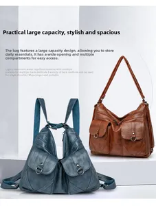 Detail view of large capacity waterproof soft leather shoulder bags with multiple zippers