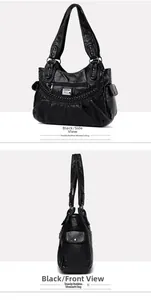 Detail of black pebbled faux leather handbag with multi-pocket structure and metal zippers