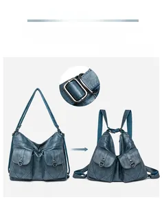 Detail of adjustable straps showing crossbody and backpack conversion for blue tote bag