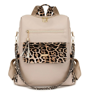 Women Fashion Backpack Nylon Leopard Print Anti-Theft Large Capacity Daily Commute Vintage Casual Knapsack With Tassel