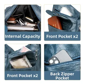 Detail view of large capacity dark blue leather tote bag with multiple storage pockets