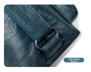 Detail of dark blue lychee grain leather tote bag with dark gunmetal hardware ring buckle