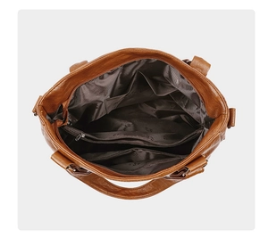 Top view of brown faux leather tote bag with multiple inner compartments and zipper
