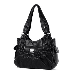 Black vintage soft leather shoulder bag for women with multiple zip pockets and woven detail