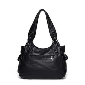 Black soft faux leather tote bag with lychee texture and back zipper pocket for women
