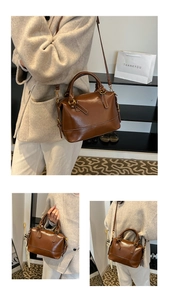 Détails du sac Boston en cuir marron avec quincaillerie dorée et couture nette