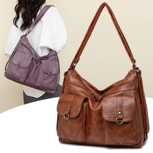 Retro large capacity soft leather tote bag for women in dark brown and purple styles
