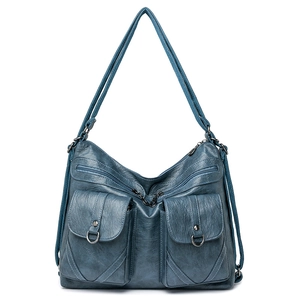 Vintage cyan blue soft leather shoulder bag with multi-pocket design and large capacity
