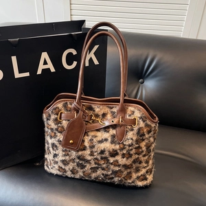 Sac À Main Fourre-Tout En Peluche À Imprimé Léopard Avec Poignées En Cuir Rétro Automne Hiver Mode Femmes Sac Sous Le Bras