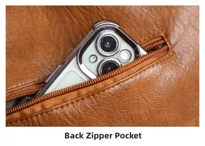 Detailed view of the back zipper pocket on the brown pebble leather tote bag for phone storage