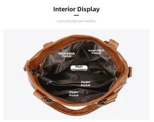 Interior view of brown tote bag showing main compartment, zipper pockets and slots