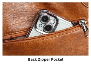 Close-up of back zipper pocket on brown pebbled leather tote bag with smartphone storage