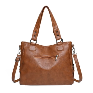 Brown vintage PU leather tote bag with dual handles and detachable shoulder strap