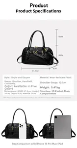 Detail specifications of black crocodile pattern handbag with size and item comparison