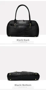 Detail view of black crocodile pattern handbag showing golden protective bottom studs