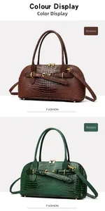 Detail of crocodile embossed texture on brown and green commute handbags with gold hardware