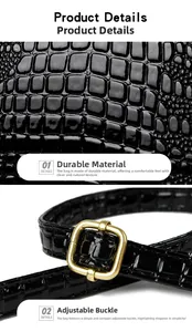 Close-up of black crocodile-embossed leather with shiny texture and golden metal buckle