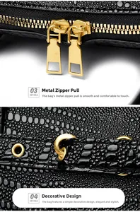 Detail of black embossed texture bag with golden metal zipper and round buckle decor