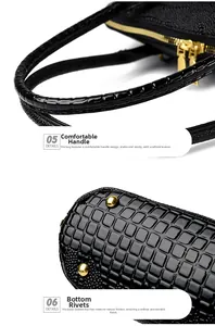 Close-up of black crocodile pattern leather handbag with gold zipper and protective metal studs