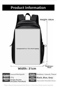 Detailed size chart showing 44x31x14cm dimensions for 15.6 inch laptop backpack