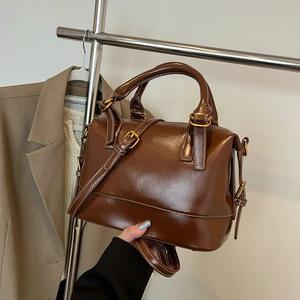 Sac Boston Rétro Femmes Main PU Brillant Surpiqûres Contrastées Dorées Bandoulière Amovible Grande Capacité