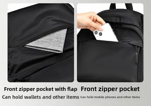Detailed view of the water-resistant nylon backpack with front storage pockets
