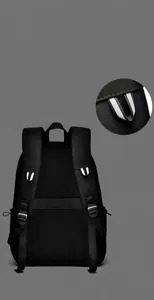 Detail of the black backpack featuring wide padded straps and reflective safety strips