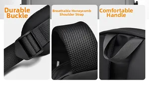 Detail of durable buckles, breathable honeycomb mesh straps and reinforced top handle on backpack