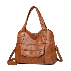 Brown faux leather tote bag for women with front zipper pocket and adjustable strap