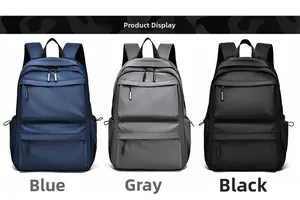 Waterproof business backpacks displayed in blue, grey, and black with double front pockets
