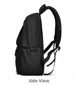 Side view of black backpack featuring adjustable side pocket and breathable mesh strap