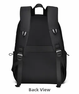 Detail view of the backpack back featuring padded straps and a luggage trolley sleeve