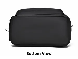 Bottom view of black waterproof nylon travel backpack with reinforced stitching details