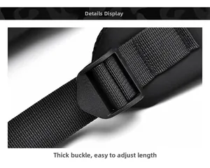 Detail view of durable black nylon shoulder strap with adjustable plastic buckle for backpack