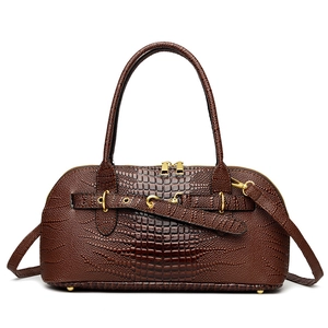Retro brown crocodile pattern shoulder bag with golden hardware and double handles