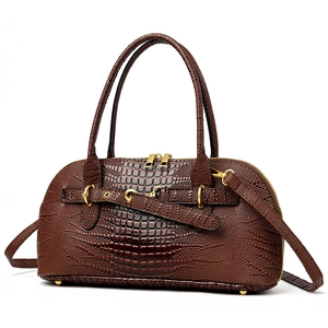 Classic dark brown crocodile embossed Boston bag with golden hardware and top handles