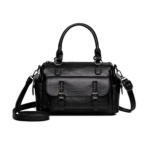 Classic black PU leather satchel bag with retro studs and adjustable shoulder strap