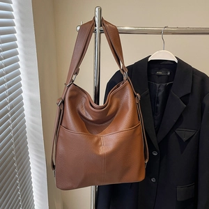 Braune Vintage-Einkaufstasche aus Kunstleder mit großem Fassungsvermögen für Damen