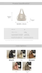 Detailed size specifications and color comparison of the PU leather bucket handbag